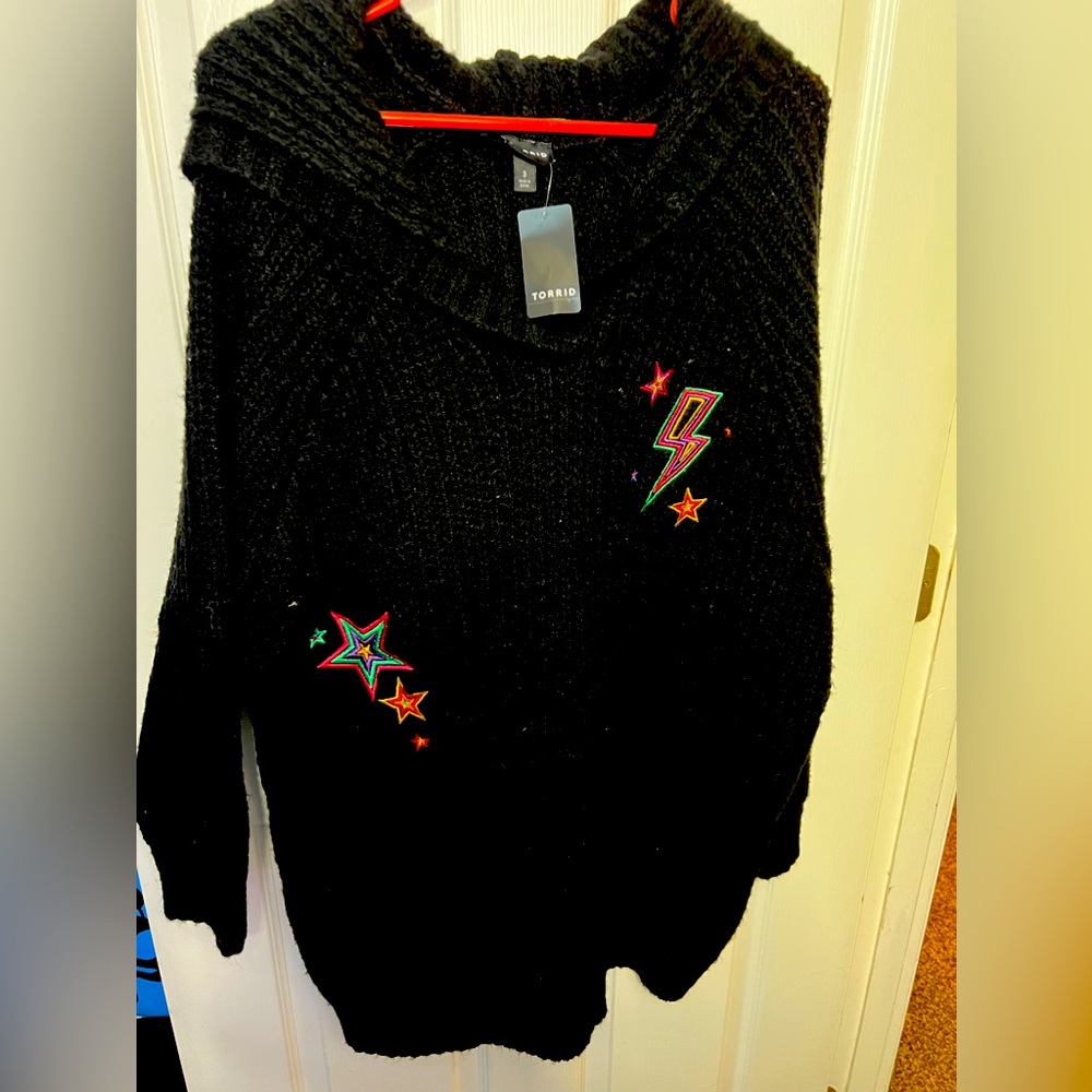 Torrid. Black Hooded Sweater with Star Embroidery
